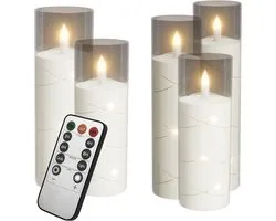NAIZY 5x LED Kaarsen Kerstkaarsen Theelichtjes draadloos warm wit Kerstkaars met timerfunctie afstandsbediening kaars met clip, voor feestdecoratie met Batterij 14+16+18+20cm Hoog, Transparant