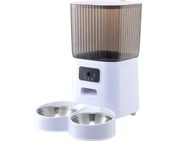 Tumex - Mangeoires Automatique pour Chat - Distributeur de nourriture - Avec Caméra - Mangeoires Doubles - Stockage 5L - Avec Alarme de Pénurie Alimentaire - Wit