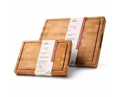 Kiyomi Set de planches à découper en bois de hêtre – Billots en bois de bout (End Grain) avec rainure à jus, poignées et anti-dérapant – 40 x 30 x 3,5 cm & 32 x 22 x 3,5 cm