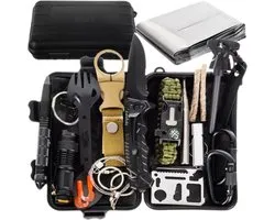 MOZY - Kit de Survie - 32 pièces - dans un étui étanche - Kit d'urgence - Allume-feu - Bracelet de Survie - Scie à tirer - Couverts de Survie - Couverture d'urgence - Lampe de poche - Silex - Boussole - Kit de survie -