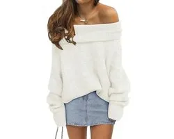 LILLUSORY Dames off-shoulder trui oversized vleermuismouwen losse pullover truien tops