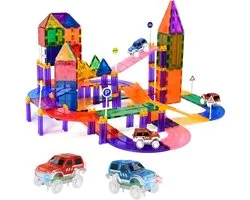 Magna Minds - Magnetic Tiles racebaan - Zelfrijdende auto - Magnetisch Speelgoed – 122 stuks - Constructie speelgoed - Magnetische tegels - Montessori speelgoed - Magnetic toys - Magnetische bouwstenen - Speelgoed Kinderen