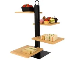 Cookinglife Etagere 4 Laags - Serveertoren - Multifunctionele Serveertoren - Serving Tower - Serveerset van Metaal en Hout - Zwart - 14,8 x 36,5 cm