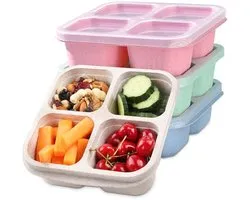 4-pack snackboxen, herbruikbare bento lunchboxen met 4 compartimenten snackcontainers voor kinderen en volwassenen. Lekvrije, verdeelde voedselopslag voor school, werk en reizen (roze/beige/groen/blauw)