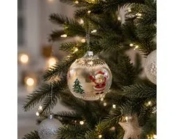 ZoeZo Design - 12 stuks - kerstbal - glas - transparant - wit - rood - glitter - kerstman - Ø 8 cm - (4 doosjes á 3 stuks) - met lint