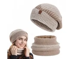 2-delige set - Gebreide Beanie Muts en Sjaal Set - Warme Bonnet Winter Muts Met Colsjaal Nekwarmer - Halswarmer Wintermuts Wol Gevoerd - Warme & Zachte Fleece Voering - Unisex - Voor Dames en Heren - Volwassenen - Khaki - Hoedomtrek 55-60cm