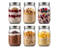 Dutchers® Overnight Oats - Dikker glas - Stevig - Mason Jar - 6 Stuks - 500ML - Mealprep - Overnight Oats Glas - Muesli Beker - Lunchpot - Beker To Go - Milieuvriendelijk - Glas & RVS - Sterk Sluitsysteem - Ontbijt & Lunch - Overnight Oats Beker