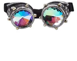 KIMU® Goggles Steampunk Bril Met Studs - Oud Zilver Montuur - Caleidoscoop Glazen - Spacebril Space Caleidoscope Holografisch Halloween