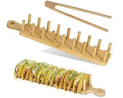 Taco Houder - Tapasplank - Tapas Serveerblad - Houten tortilla-standaard - met clips - tortilla-lade - bamboe tortilla-standaard - geschikt voor 8 tortilla's - geschikt voor tortilla's, burrito's en delicatessen - houtkleur