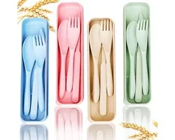 Bestekset - Reisbestek - Draagbaar plastic bestek - Campingbestekset - Herbruikbaar - Geschikt voor kamperen en school - 4-pack