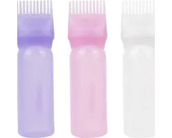 The Hair Bottle - 3 stuks - Haarverf fles - Applicator met kam - PP - Applicatorflesjes haar - Haarverf Borstel - Haarverf of Haarolie applicator met kam - Wortelkam - Roze,paars,wit - 16.2×4.3cm - 170ml