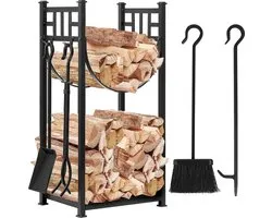 Firewood Rack with 4 Fireplace Tools 80 cm x 40 cm x 30 cm for Indoor Outdoor Log Holder with High Log Rack Fireplace Wood Storage Stacking with Wrought Iron Tools Black