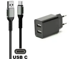 OneOne 2.1A lader met 2 poorten + 0,25m sterke USB C kabel. Oplader adapter past op Samsung Galaxy M07, F07, M17, F17, Z TriFold, Tab A11 / A11+, Tab S11 / S11 Ultra, Tab S5e, Tab S6, Tab S7, Tab S8