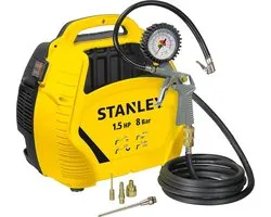 Stanley Compressor 8Bar - Luchtcompressor Olievrij met Luchtgereedschap - Compressoren Set Incl. Luchtslang 3M, Luchtpistool met Drukmeter en 3 Mondstukken - Geel