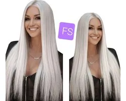 Frazimashop - Perruques gris clair - Perruque de Luxe résistante à la chaleur - 32 pouces - Perruques pour femmes - Cheveux longs et raides - #Front Lace Wig 13x4 81 cm