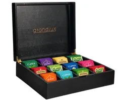 Boîte à Thé Grandlux 12 Compartiments - Compartiments Spacieux pour Clipper, Pukka, Twinings & Thee en Vrac - Boîte à Thé - Zwart