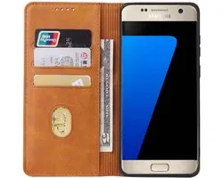 Smartphonica Samsung Galaxy S7 Edge leren hoesje met magnetische sluiting en pashouders book case – Bruin geschikt voor Samsung Galaxy S7 Edge