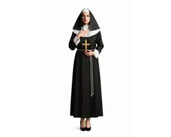 Partychimp Costume de nonne classique 4 pièces (tunique/coiffe/croix et corde) pour adultes, vêtements de déguisement pour femmes, vêtements de carnaval, Halloween - Noir - Polyester - Plastique - Taille L/XL