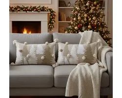 Cacher urbain | Set de 2 Housses de coussin de Noël | Housse de coussin | Housses de coussin | De noël | Brodée | Sapins de Noël à pompons | 30x50CM | Coton | Multicolore | Sans coussin intérieur