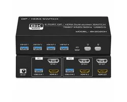 KVM Switch HDMI & DisplayPort – 2 PC's naar 2 Monitoren – 8K@60Hz – HDMI 2.1 – DP 1.4 – 4x USB 3.0 Poorten – Dual Monitor – Inclusief HDMI, DP & USB Kabels