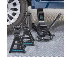 Datona® Autokrik - Hydraulische Auto Krik - Laag Model 2,5 Ton Garagekrik - Incl. 2x Assteunen 3 Ton - Min. Hefhoogte 9 cm - met Zwenkwielen