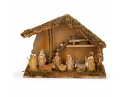 Complete kerststal - 39 x 19 x 28 cm - met 8 kerstbeeldjes - kerstdecoratie stal