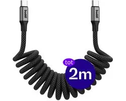 Buddi Flex | Câble spiralé USB-C vers USB-C extensible 60W Charge Rapide | Transfert de données 480Mbps | Nylon élastique tressé | Cordon spiralé | Câble en spirale | Idéal pour la voiture | 2M | 2 Mètres | Noir