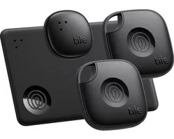 Life360 Tile Essentials - Krachtige Bluetooth Trackers - Item locator voor Sleutels, Portemonnees. Werkt met iOS en Android. 4-Pack (Zwart)