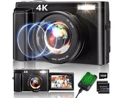 Digitale Camera 48MP - Compact Fototoestel & Vlogcamera - 2.7K Video - 16x Zoom - 3 Inch 180° Kantelbaar Scherm - Autofocus - 32GB - Timelapse & Slow Motion - Compacte en Draagbare - Voor Dagelijks Gebruik & Selfie & Reis - Zwart