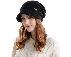 Gebreide muts voor dames - Winterse, met fleece gevoerde, warme, slouchy muts met klep