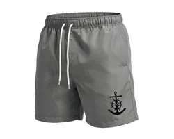 Grijze zwembroek heren met anker print – heren zwem short met elastische tailleband en wit trekkoord – korte strand zwembroek met mesh voering en zijzakken – effen grijze zwem short voor strand, zwemmen en vakantie – maat M