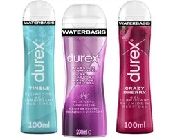 Durex - 3 Lubrifiants - A Base d'Eau - Huile de Massage et Lubrifiants 2/1 Aloë Vera 200ml - Play Tingle Gel 100ml - Crazy Cherry au Goût Cerise 100ml