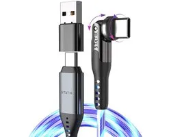 Statik PowerPivot Globright Pro 360 - USB-a/USB-c naar USB-c - 2m - 60W - 480 Mbps Data Transfer - Licht gevende kabel - Blauw