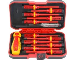 Geïsoleerde schroevendraaierset - VDE-gecertificeerde geïsoleerde schroevendraaierset - Schroevendraaierset voor elektriciens - Magnetische kruiskop-, platte en Torx-schroevendraaiers - 13-delig - 1000V - Koolstofstaal - Rood