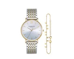 Victoria Hyde - "Primrose Classic Bicolor" cadeauset - Dames Horloge geschenkset - Dames Regal cadeauset met gratis goudkleurige armband - Polshorloge - Analoog - 33mm Doorsnee - zilver goud - met Cadeauverpakking