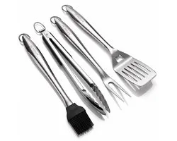 HI NATURE™ Barbecue gereedschapset - Premium Multifunctionele BBQ accesoires set 4 Delig - Keukentang - Barbecuetang | Borstel | Spatel | Vork - Vleestang - BBQ Gereedschap | Hittebestendig & Vaatwasserbestendig - Roestvrij Staal (RVS) Zilver/Zwart