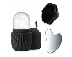 IJsroller Gezicht - Ice Roller met Gua Sha en Gezichtsreinigingsborstel - 3-delige Skincare Set - Verkoelende Gezichtsmassage en Reiniging - Zwart