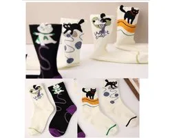 Dames sokken - 4 paar - giftbox - grijs - zwart - wit - bruin - leuke print hond - kat - katten - 36 - 40 - gift - cadeau voor haar - geschenk vrouwen - Kerst cadeau - verjaardagscadeau