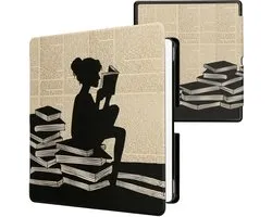 Étui liseuse kwmobile compatible avec Amazon Kindle Scribe (2024) - Étui à rabat magnétique pour liseuse - Motif fille avec livres noir/beige