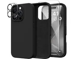 Solid hoesje Soft Touch Liquid Silicone Flexible TPU Rubber + Screenprotector - Camera Lens - Geschikt voor: iPhone 16 Pro - Zwart