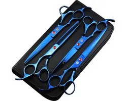 Professional 7" 4PCS Pet Grooming Scissors Kit Japan Premium Steel Straight - Curved - Thinner Blade Dog Hair Cutting Scissors Set with Case Blue