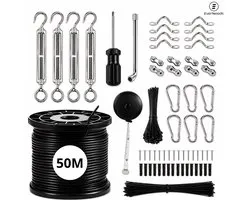 EverNeeds Staalkabelset 50M – Spandraadsysteem - Complete RVS 304 Ophangset – Spandraad - Nylon Gecoate Staalkabel 2 mm – Voor Lichtsnoeren, Buitenverlichting, Pergola, Klimplanten, Waslijn en Decoratie