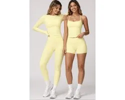 Elemental Gym Set – Taille XL - Jaune - Ensemble de sport 4 pièces avec débardeur, haut à manches longues, short taille haute et legging – Tenue Fitness, Yoga & Pilates – Yellow