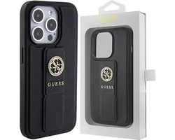 Guess GUHCP15LPGSSADK coque rigide noire iPhone 15 Pro Grip Stand 4G Saffiano Strass