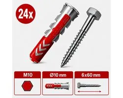 Fischer pluggen en schroeven set 10mm DUOPOWER houtdraadbouten (24 sets)