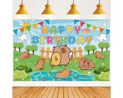 Toile de fond anniversaire capybara - Décoration « Happy anniversaire capybara » - Décorations de fête sur le thème des animaux mignons - Bannière photo extérieure et intérieure pour Enfants (Garçons et Filles) - 180 x 110 cm