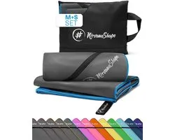 NirvanaShape - microvezel handdoek - strandlaken en badlaken - sneldrogend en absorberend - sporthanddoek met slimme hoekzak - set van 2: 120 x 60 cm + 60 x 40 cm - Grijs / Blauwe Rand
