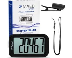 MAED Sport ® Stappenteller Clip en Draagkoord – 3D Sensor – Broekzak Pedometer – Groot Scherm – Kind/Dames/Heren – Zwart