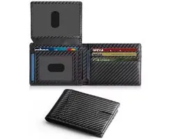 Ultra Dunne Heren Portemonnee met RFID Bescherming - Leren Wallet met ID-venster en Meerdere Pashouders - Carbon Zwart