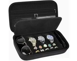 Luxe Sieraden- & Horloge Reisorganizer – Compacte Travel Case voor 3 Horloges, Zonnebrillen en Ringen – Schokbestendig & Krasvrij – Zwart - Vakantie Reis Doos - Vliegen - Sieraden Opberger Met Handgreep
